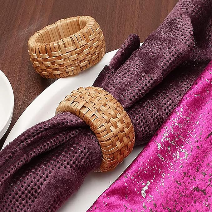 ALPHA Living HOME Natural Rattan Napkin Rings Set of 12 - Handcrafted Cane Serviette Holders for Table Decor, Weddings, Parties, Dinners, Rustic Boho Style Napkin Rings Set (Brown)
