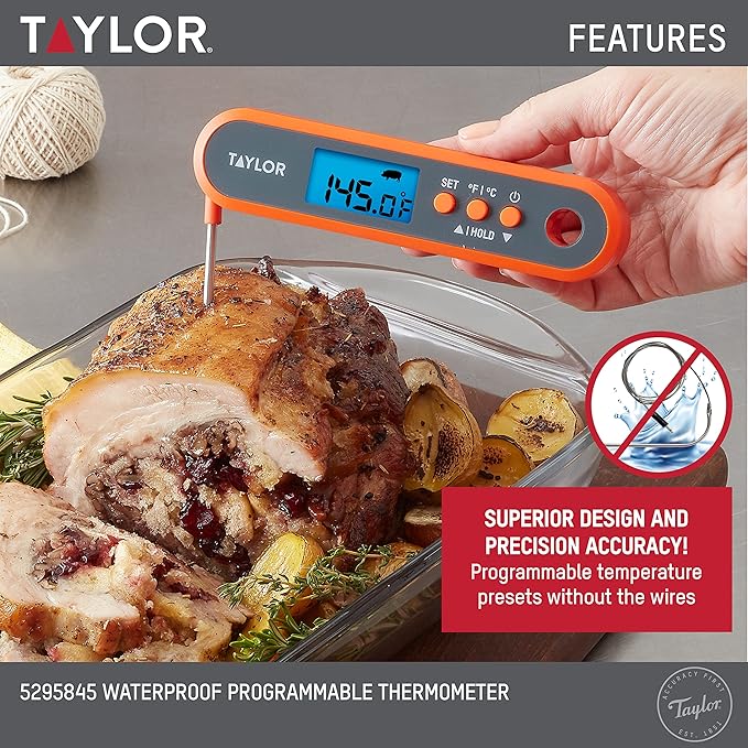Taylor Digital Waterproof Kitchen Food and Meat Thermometer, with a Folding Probe, Programmable Presets, Backlit Display for Oven, Grilling, Smoker & BBQ - Includes 2 AAA Batteries