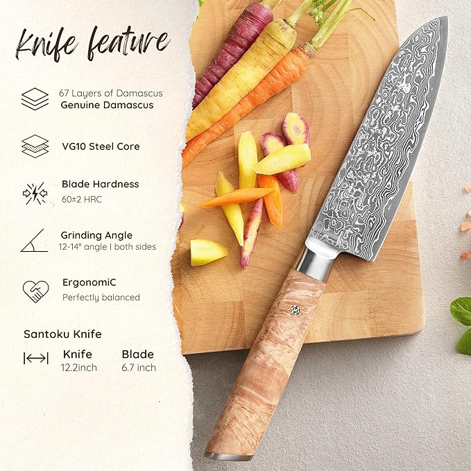 zayiko Kinone Santoku Knife – 6.7-Inch Damascus Kitchen Knife | 67 Layers Damascus Steel with VG10 Core | Ergonomic Birch Root Wood Handle | Professional Chef Knife in Gift Box