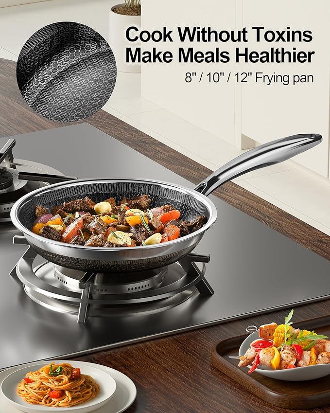 Fogdream 8"10"12" Non Stick Frying Pans, Stainless Steel Skillet with Lid, Tri-Ply Stainless Steel for All Cooktops, Dishwasher and Oven-Safe Cooking Pan, Stay-Cool Handle, Silver
