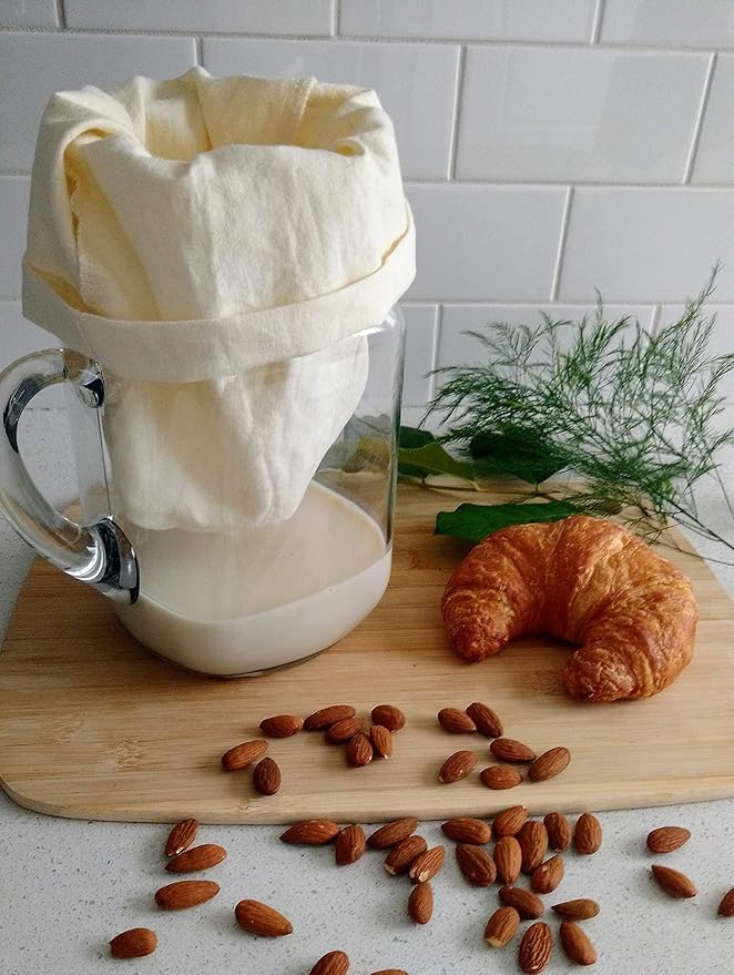 Organic Reusable Nut Milk Bag for straining almonds, cashews, oats, rice, hemp seeds and more, Cold Brew Coffee & Dry Bulk Food Bag - Made in Canada of Hemp and Organic Cotton - 100% Natural.
