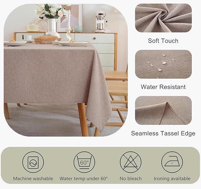 Alsoo Rectangle Tablecloth 60×120 Inch Linen Waterproof Stain Resistant Table Cloths Wrinkle Free Wipeable Table Cover for Dining/Party/Buffet/Wedding/Kitchen, Anti-Shrink Washable, Light Brown