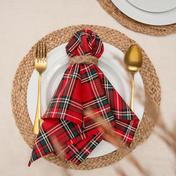 Blue Needles Buffalo Plaid Christmas Napkins - 100% Cotton Set of 12 Gingham Cloth Napkins 18x18 inches - Soft, Reusable & Washable, Ideal for Valentine's Parties & Everyday Use - Christmas Multi Red