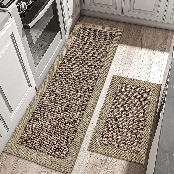 BEQHAUSE Kitchen Rugs and Mats Set of 2 Non-Slip Kitchen Mats for Floor, Absorbent and Stain Resistant Kitchen Runner, Machine Washable Rugs for Kitchen, Laundry & Sink, 24"x36"+24"x60", Taupe