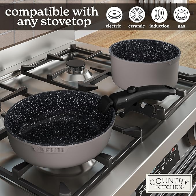 Country Kitchen Cookware Set with Removable Handle, Oven & RV Safe Pots and Pans Set, Grey/Black, Original