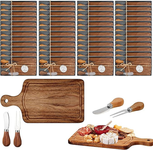 Ziliny 100 Set Bridal Baby Shower Cheese Prizes Wooden Square Board Gift Set Knives Forks Thank You Tag with Box for Guests for Valentines Bridal Baby Shower Housewarming (Acacia Color) (Acacia Color)
