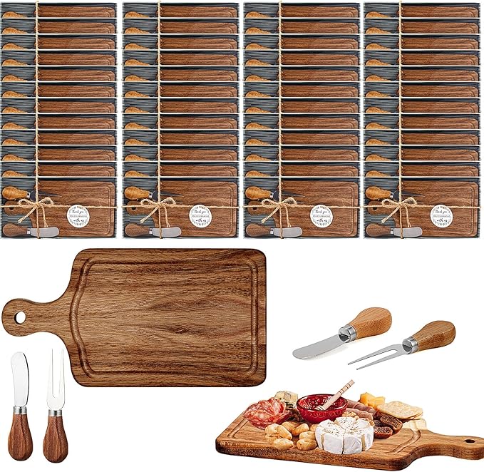 80 Sets Bridal Baby Shower Cheese Prizes Wooden Square Board Gift Set Knives Forks Thank You Tags with Box for Guests for Valentines Bridal Baby Shower Housewarming (Acacia Wood)