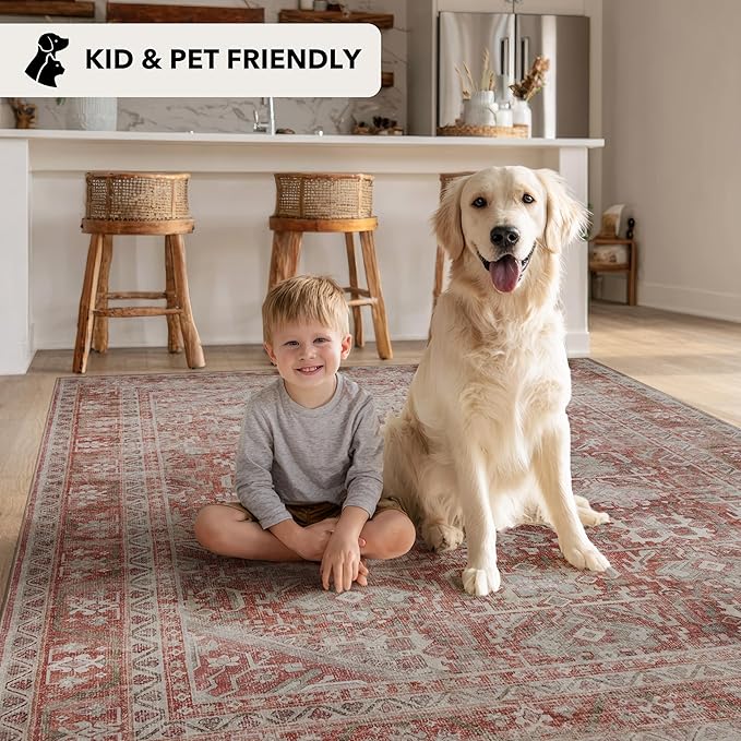 Kuden 8x10 Large Area Rug, Machine Washable Area Rug with Non-Slip Backing, Vintage Style, Soft, Easy Clean, Low Pile Rug for Living Room, Bedroom, Dining Room