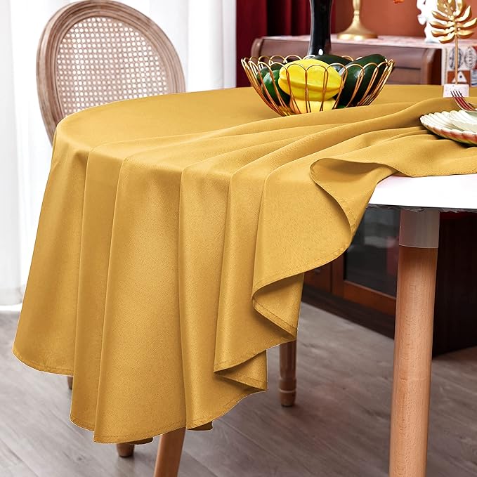 MEANMOY Gold 210 GSM Water & Stain Resistant Round Tablecloth for Circle Table - Solid 90 Inch Table Cloth Cover in Wrinkle Free Durable Washable Polyester Fabric for Wedding, Party, Banquet