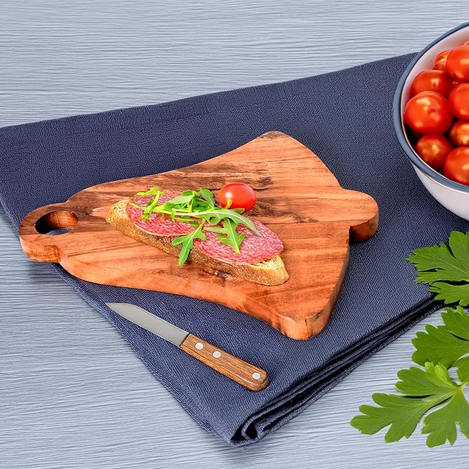 Treen Art Wooden Christmas Cutting Board for Kitchen Decor, 14"L x 13"W Bell Shaped Acacia Wood Chopping Board with Handle, Serving Charcuterie Platter
