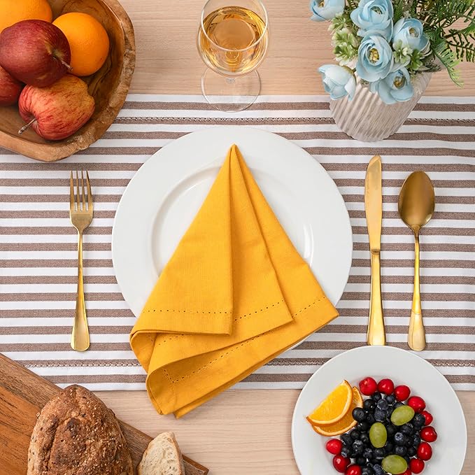 Blue Needles Set of 6 Hemstitch Linen Napkins 100% Cotton Golden Yellow Cloth Dinner Napkins 18x18 inches, Soft, Reusable Absorbent Washable, Ideal for Wedding Events, Parties & Everyday Use