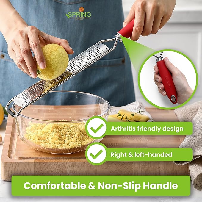 Spring Chef Stainless Steel Lemon Zester Grater with Handle - Garlic, Cheese, Parmesan, Nutmeg, Lime, Ginger Grater - Heavy Duty Kitchen Tool - Citrus Zester with Blade Cover - Fine Shred - Red