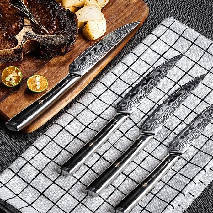 Sunnecko Damascus Steak Knives Set of 4 Serrated, Japanese VG10 Stainless Steel Steak knives Dishwasher Safe, 5 Inch Steak Knives G10 Handle with Gift Box