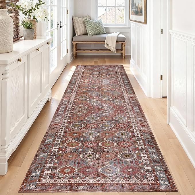 Kuden 2'6"x12 Runner Rug, Machine Washable Area Rug with Non-Slip Backing, Vintage Style, Soft, Easy Clean, Low Pile Rug for Hallway, Entryway, Kitchen, Bedroom