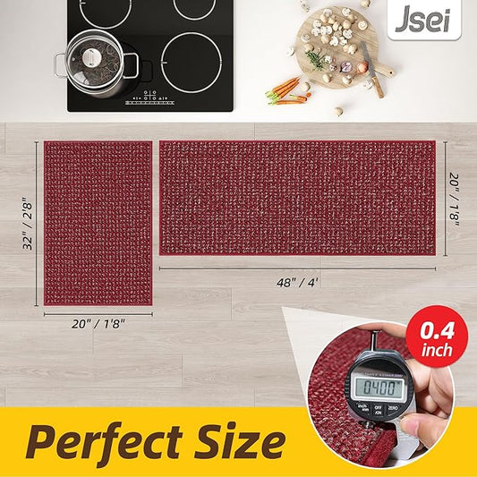 JSEI Kitchen Rugs and Mats, 2PCS Non-Slip Kitchen Mats for Floor, Machine Washable Absorbent and Stain Resistant Kitchen Runner, Carpet Mats with TPR Backing for, 20''x32''+20''x48'', Red
