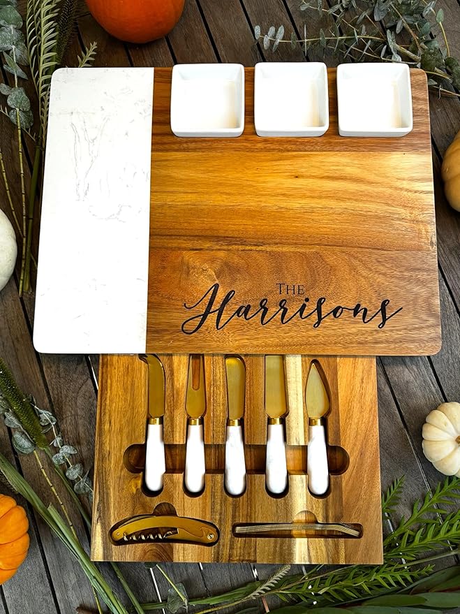 Quartz & Acacia Modern Charcuterie Board Set 16 pcs Laser Engraved Cheese Board And Knife Set Realtor Closing gift Custom Christmas Wedding