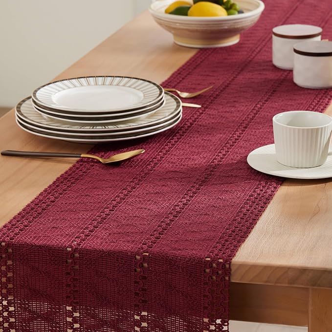 ZeeMart Macrame Style Boho Table Runner, Burgundy Red Table Runners 48 Inches Long, Farmhouse Woven Home Decor, 12x48 Inch, Burgundy