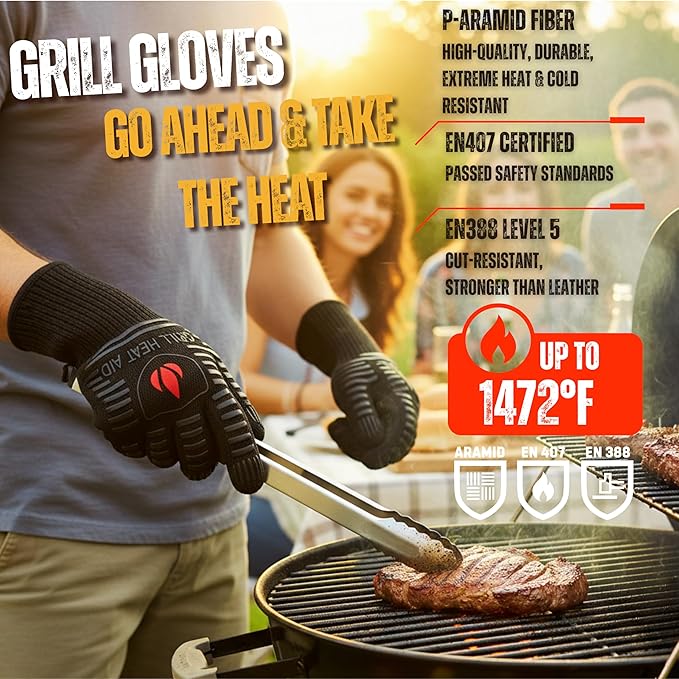 GRILL HEAT AID BBQ Gloves 1472°F Heat-Proof Gloves for Grilling & Barbecue, Heat-Resistant Oven Mitts with Kitchen Dexterity for Cooking, Baking Pizza, Fireproof Glove for Fire Pit, Fireplace, Smoker