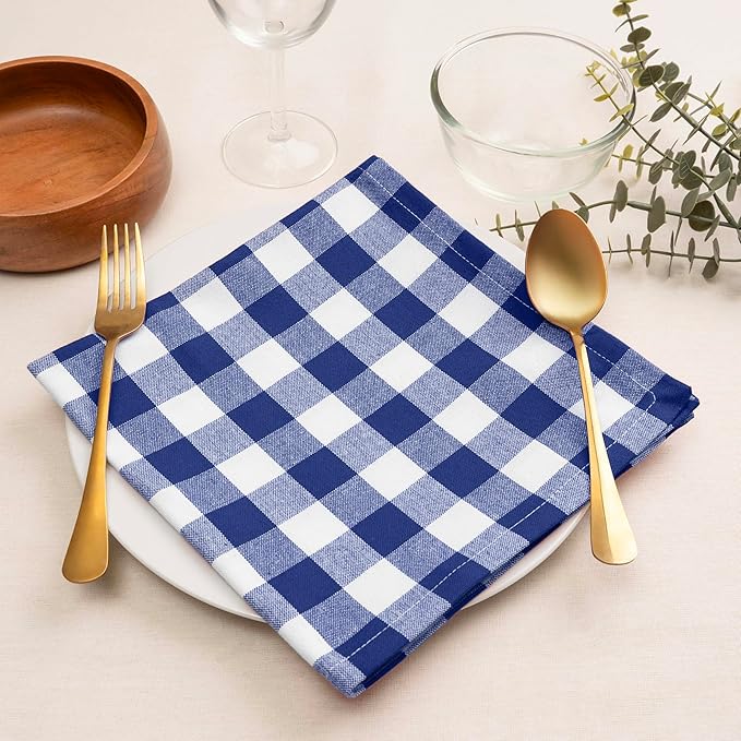Blue Needles Gingham Buffalo Plaid Cloth Napkins 100% Cotton Set of 12 Dinner Table Napkins 18x18 inch Soft, Reusable, Washable Perfect for Wedding Parties & Everyday Use - Blue and White