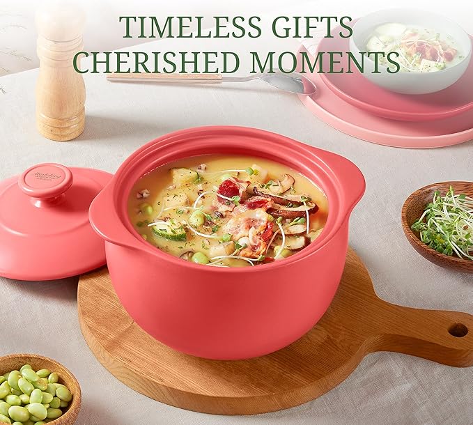 MINH LONG 3-Qt Porcelain Dutch Oven with Lid – Lead & Cadmium Free, Oven Safe to 482°F, Heat Retention, Clay Pot for Cooking on Gas & Infrared Cooktop, Use to Marinate, Cook, Bake, Refrigerate & Serve