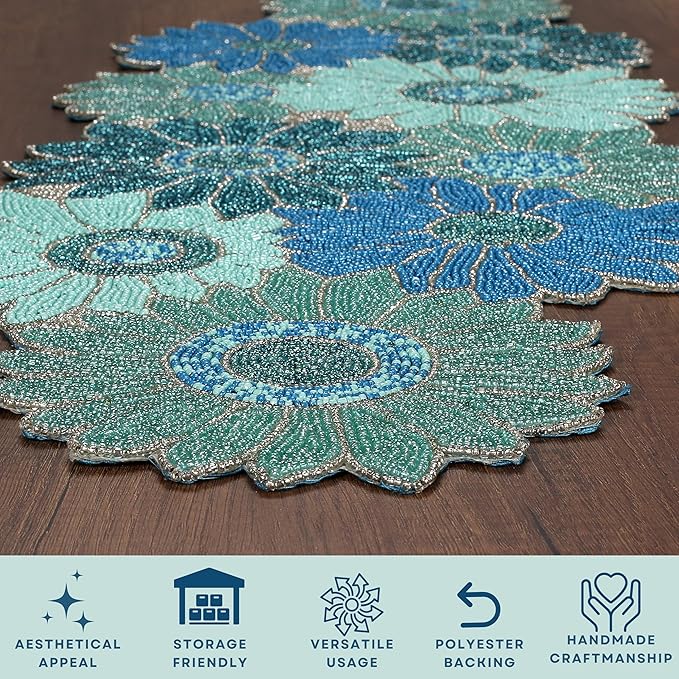 ALPHA Living HOME Bedaed Table Runner- 13x36 Glitz Décor for Farmhouse, Bridal, and Holiday Celebrations Luxury Dining Table Accent, Rustic Chic, Artisan-Made, Modern Floral (Blue)
