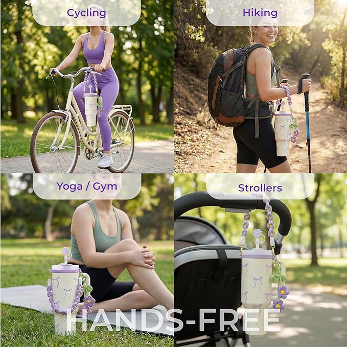 Water Bottle Accessories for Stanley Cup 40 oz 30 oz Tumbler, Including Handle Strap, Silicone Straw Topper Cover, Charm, Original Bow Sticker, Cute Birthday Gifts for Women Her Mom Daughter (Lilac)
