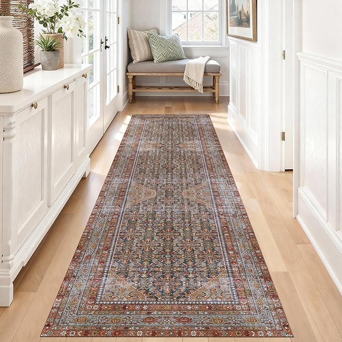 Kuden 2'6"x12 Runner Rug, Machine Washable Area Rug with Non-Slip Backing, Vintage Style, Soft, Easy Clean, Low Pile Rug for Hallway, Entryway, Kitchen, Bedroom