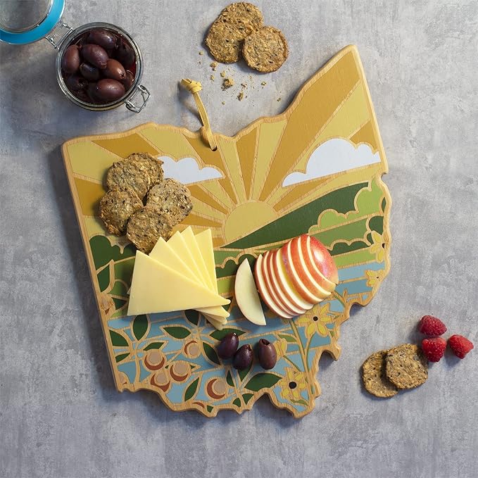 Totally Bamboo Ohio State Shaped Cutting Board and Charcuterie Serving Platter with Artwork by Summer Stokes, Includes Hang Tie for Wall Display Varies