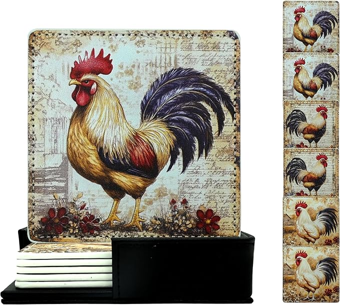 Rooster Coasters Square Leather Drinks Coaster Set with Holder for Coffee Table Bar Home Decor 4 Inches Set of 6