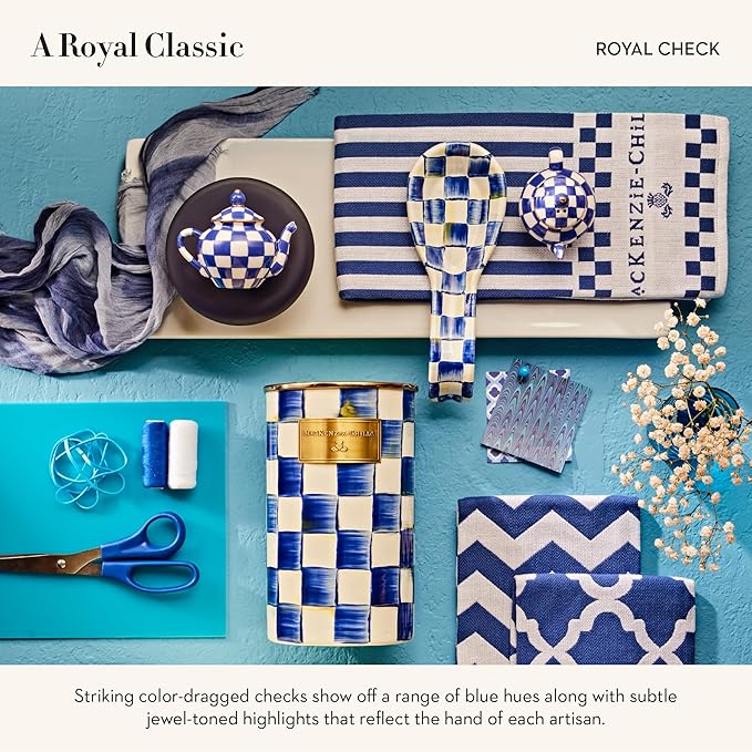 MACKENZIE-CHILDS Teapot Salt and Pepper Shaker Set, Ceramic Salt and Pepper Holders, Blue-and-White Royal Check