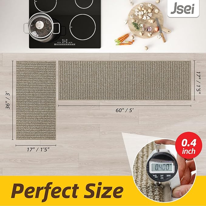 JSEI Kitchen Rugs and Mats, 2PCS Non-Slip Kitchen Mats for Floor, Machine Washable Absorbent and Stain Resistant Kitchen Runner, Carpet Mats with TPR Backing, 17''x30''+17''x60'', Beige