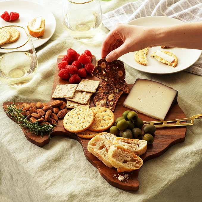 Twine Living Texas-Shaped Acacia Wood Cheese Board - Durable Cheese, Charcuterie and Serving Platter with Hanging Loop, Perfect for Entertaining and Kitchen Décor, Texas Cutting Board, Set of 1