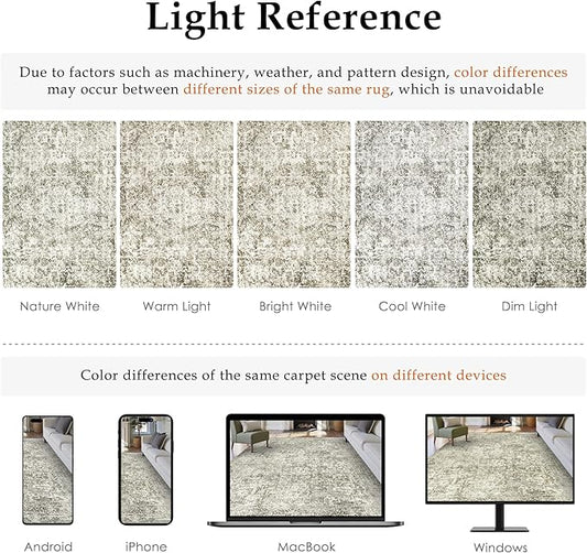 9x12 Area Rug Washable Vintage Neutral Living Room Carpet Large Indoor Non Slip Taupe Bedroom Distressed Low Pile Retro Accent Throw Rug for Dining Room