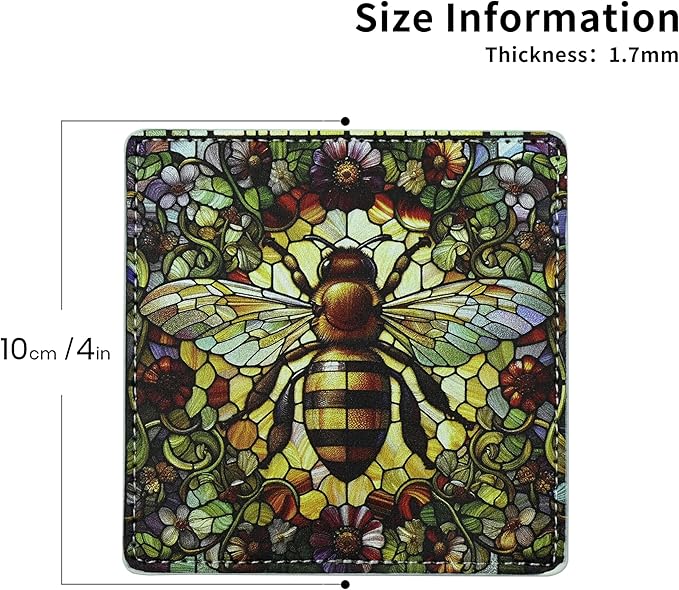 Marble Coasters Square Leather Drinks Coaster Set with Holder for Coffee Table Bar Home Decor 4 Inches Set of 6 (Bee, One Size)