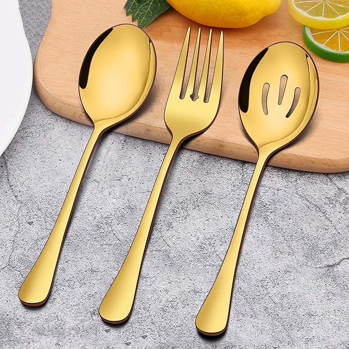 Homikit 6 Pack Serving Spoons Slotted Spoons Forks, 9.8 Inch Stainless Steel Gold Serving Utensils Hostess Set for Catering Buffet Party Banquet Restaurant, Mirror Polish & Dishwasher Safe