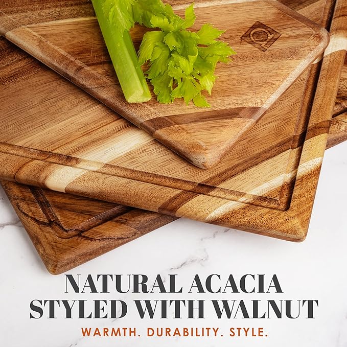 Chorus Wood Cutting Board Set with Juice Groove (3 Pieces) - Acacia Wood Kitchen Cutting Boards, Chopping Board for Meat (Butcher Block), Vegetables, Cheese - 100% Natural Hardwood