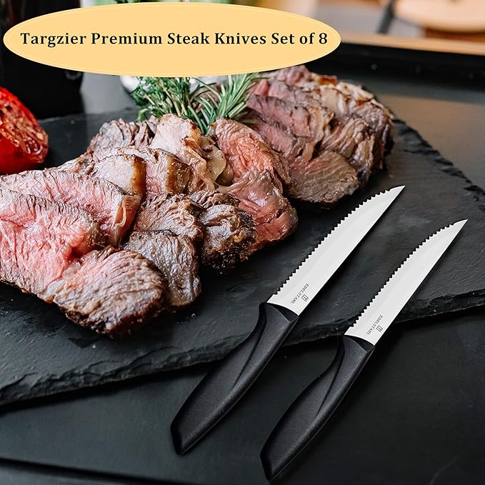Steak Knives,Steak Knives Set of 8,Sharp Serrated Stainless Steel Steak Knife Set,High-Carbon Steak Knife,Black Handle Steak Knifes,Ergonomic Kitchen Knives Set for Precise Cutting