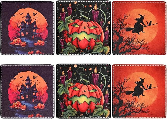 Marble Coasters Square Leather Drinks Coaster Set with Holder for Coffee Table Bar Home Decor 4 Inches Set of 6 (Halloween, One Size)