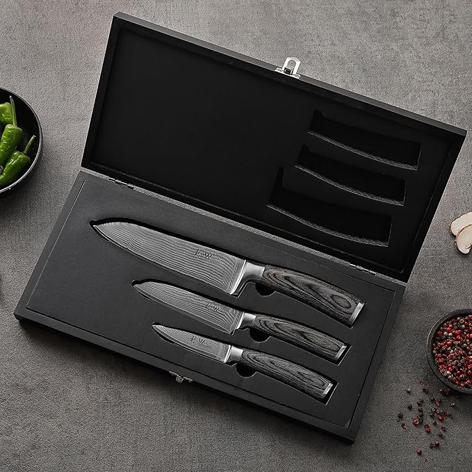 Wakoli EDIS 3-Piece Damascus Knife Set – Professional Kitchen Knives with VG10 Core Blades, 67-Layer Damascus Steel and Ergonomic Pakkawood Handles – Premium Chef Knife Set in Wooden Gift Box