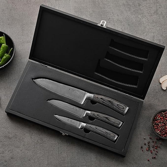 Wakoli EDIS 3-Piece Damascus Knife Set – Professional Kitchen Knives with VG10 Core Blades, 67-Layer Damascus Steel and Ergonomic Pakkawood Handles – Premium Chef Knife Set in Wooden Gift Box