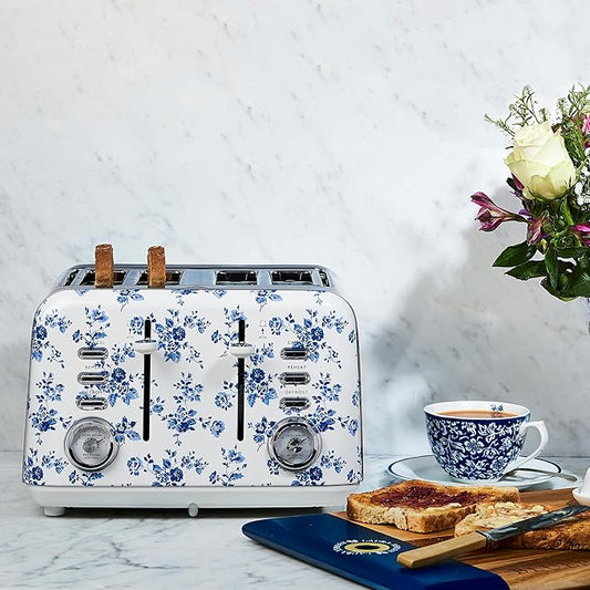 VQ Laura Ashley China Rose Stainless Steel 4 Slice Toaster | Multi-Functional Bagels & Bread Toaster 4 Slice with Adjustable Heating & Defrost Mode | Featuring 4 Wide Slots & Croissant Warming Rack