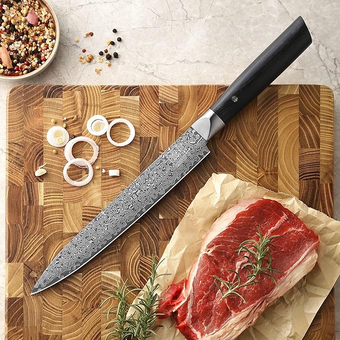 zayiko Carving Knife, 8.3-inch Blade Damascus Chef Knife made of 67 Layers Damascus Steel with VG10 Core, Sharp Kitchen Knives with Black Walnut Wood Handle, Boning Knife for Meat Cutting in Gift Box