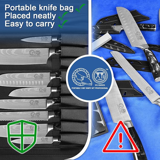 XYJ Authentic Since 1986,8-pieces Japanese Chef Knives Set with Roll Bag & Sheath,Stainless Steel Cutlery Culinary Kitchen Knives,Ergonomics Handle,Paring Santoku Slicing Cooking Knives Tools