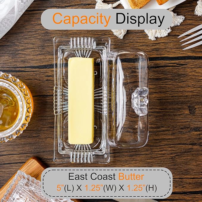 7'' Glass Butter Dish with Lid - Elegant Countertop Butter Container Holds,Clear Butter Keeper for Home Kitchen Decor,Dishwasher Safe