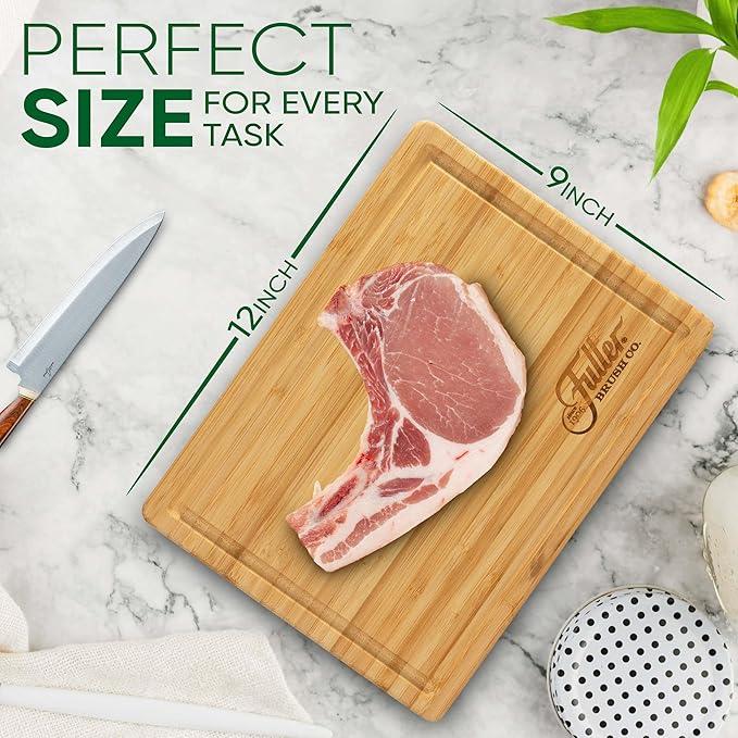 Fuller's Bamboo Cutting Board - 12” x 9” Wooden Chopping Board for Kitchen - Durable, Knife-Friendly, Easy to Clean - With Juice Groove & Side Handles for Food Prep & Serving
