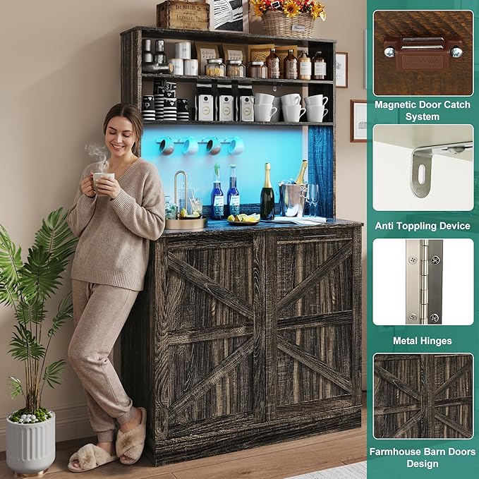 63" H Pantry Cabinets with 10 Gallon Trash Can,Led Light,Outlet,35" W Kitchen Hutch with Tilt Out Trash Can Cabinet,Farmhouse Cupboard with Large Countertop for Living Room, Dining Room