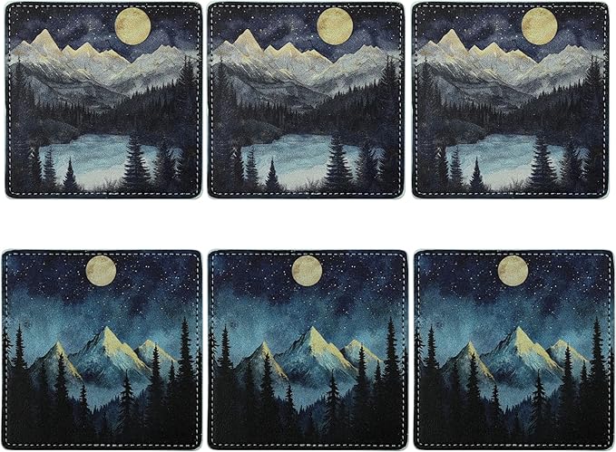 Marble Coasters Square Leather Drinks Coaster Set with Holder for Coffee Table Bar Home Decor 4 Inches Set of 6 (Forest Night, One Size)