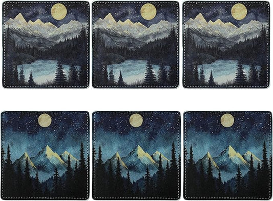 Marble Coasters Square Leather Drinks Coaster Set with Holder for Coffee Table Bar Home Decor 4 Inches Set of 6 (Forest Night, One Size)