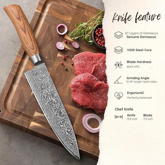 Wakoli EDIB Pro Damascus Chef Knife – Japanese Style Kitchen Knife | 7.9-Inch Genuine Damascus Steel Blade with VG10 Core | Ergonomic Pakkawood Handle | Professional Cooking Tool
