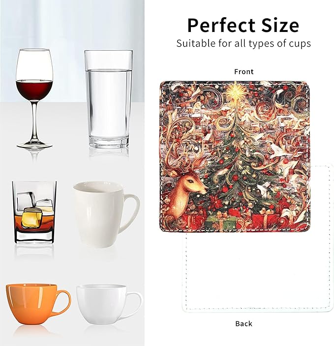 Christmas Coasters Square Leather Drinks Coaster Set with Holder for Coffee Table Bar Home Decor 4 Inches Set of 6